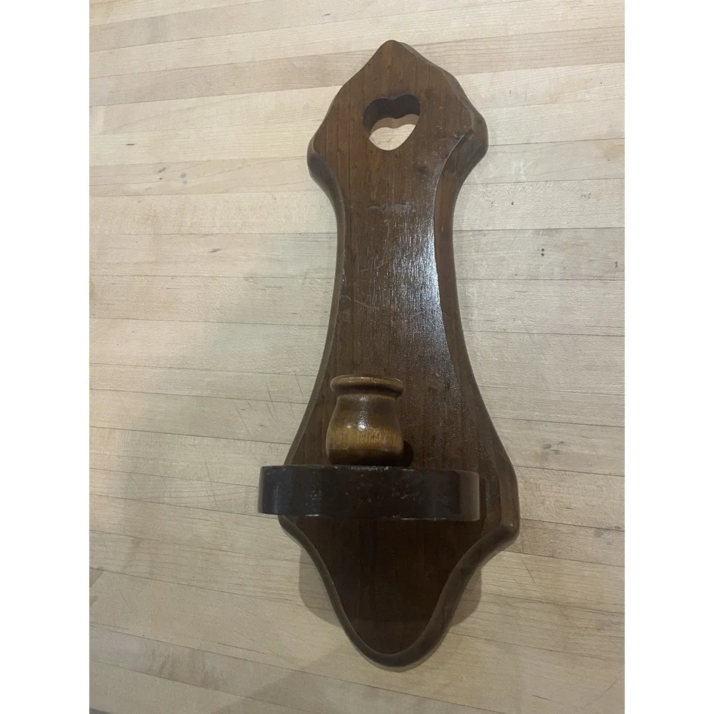 Rustic Wood Wall Mounted Heart Cutout Taper Candle Holder Country Farmhouse Vtg